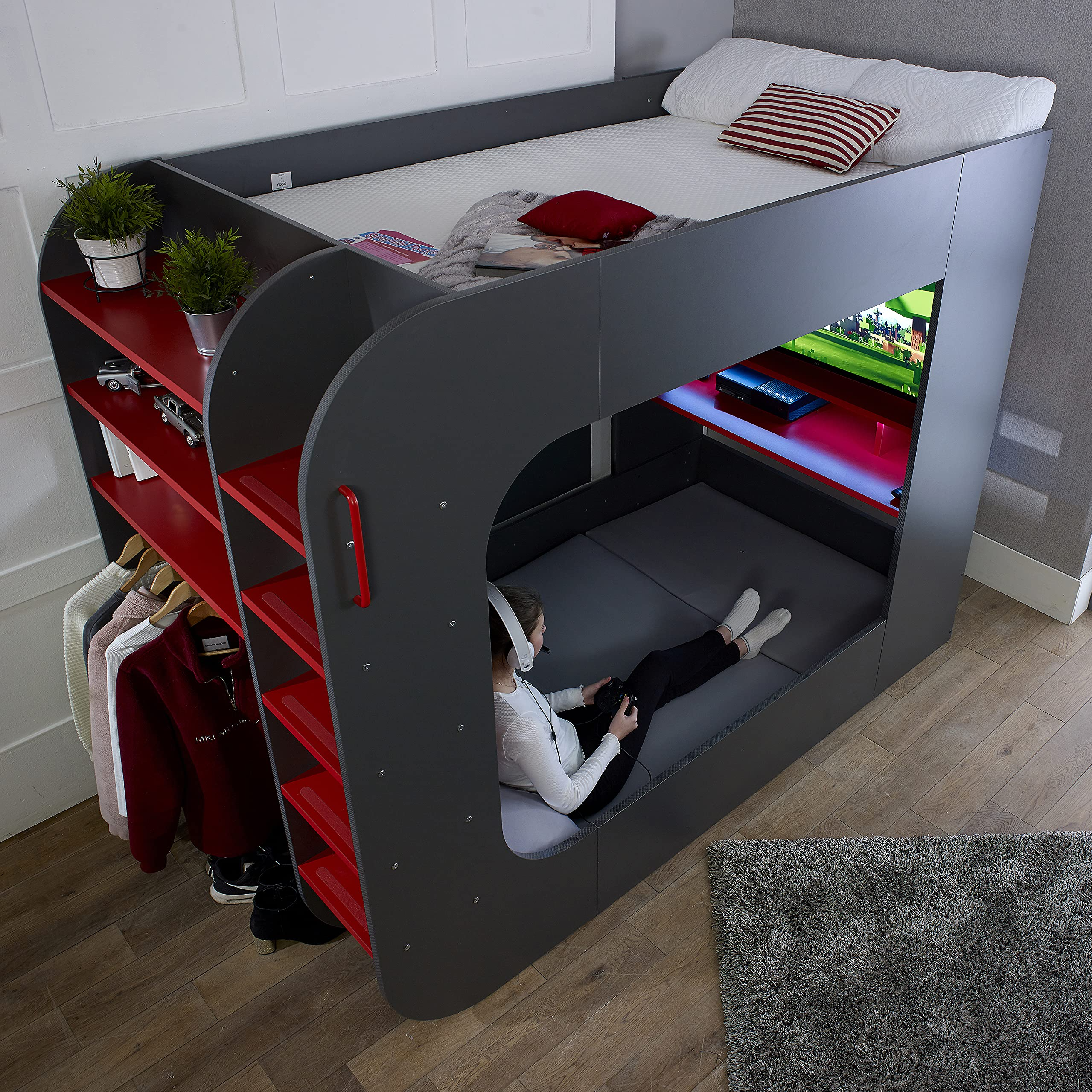 【Furniture】PodBed High Sleeper Gaming Bed with Sofa Bed, Built-In Desk & Open Wardrobe