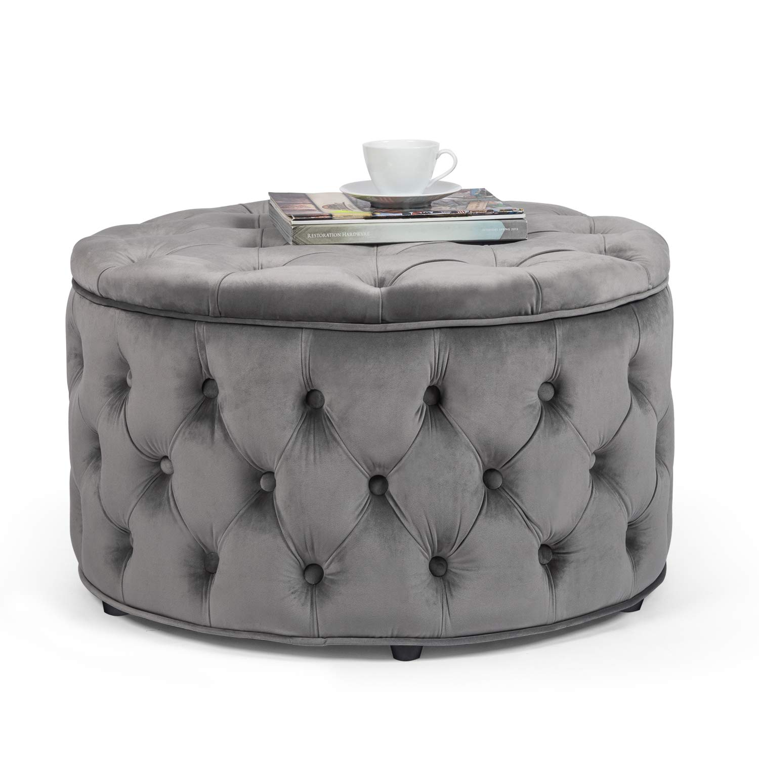【Furniture】Homebeez Round Velvet Storage Ottoman, Button Tufted Footrest Stool Coffee Table