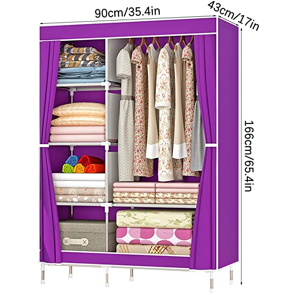 QUMENEY Wardrobe Storage Closet, Portable Clothes Standing Shelves Organizer, Extra Strong and Durable Non-Woven Fabric Rack with Hanging Rods, Quick and Easy to Assemble (Pink Dots)