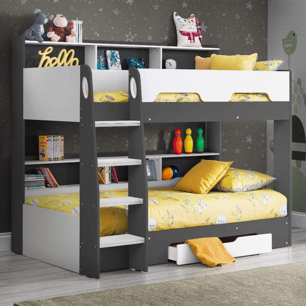 【Furniture】Wooden Bunk Bed with Underbed Storage Drawer, Modern Twin Sleeper with 2 Pocket Sprung Mattresses
