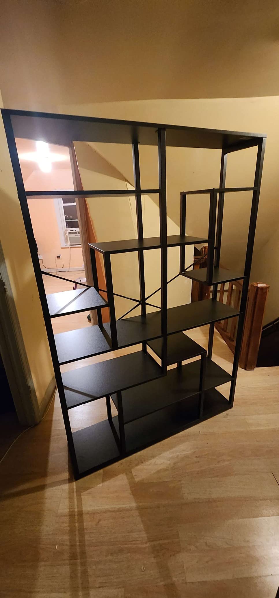 【Furniture】Black Bookshelf 47” Bookcase 9 Tier Tall Book Shelf Rustic Geometric Bookcase Display Shelf Organizer