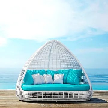 【Furniture】Rattan Wicker Sofa Bed, Creative Bird's Nest Patio Daybed Furniture, Outdoor Rattan Sun Loungers