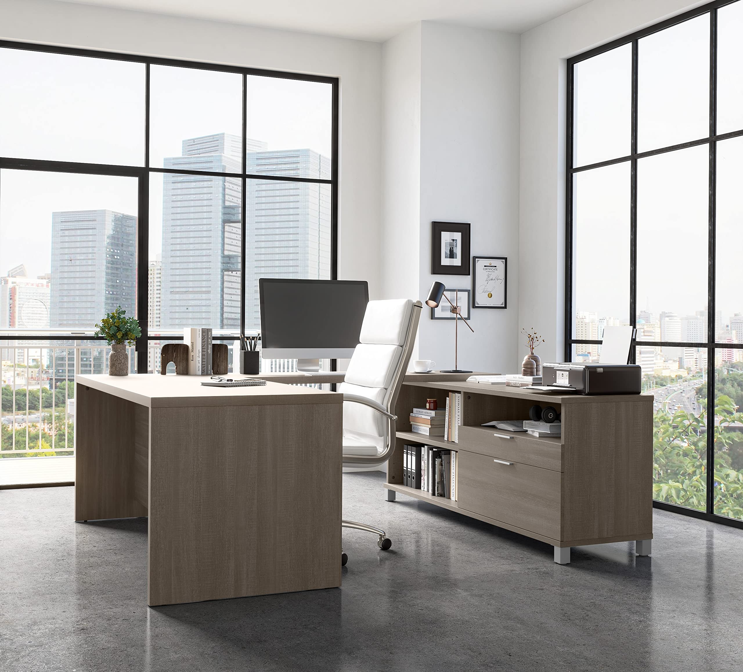 【Furniture】Bestar Pro-Linea U-Desk, Bark Grey