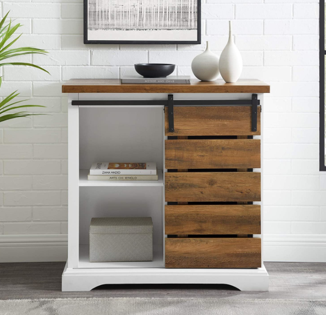 Walker Edison Willa Modern Farmhouse Sliding Single Slat Door Storage Console, 32 Inch, White and Rustic Oak