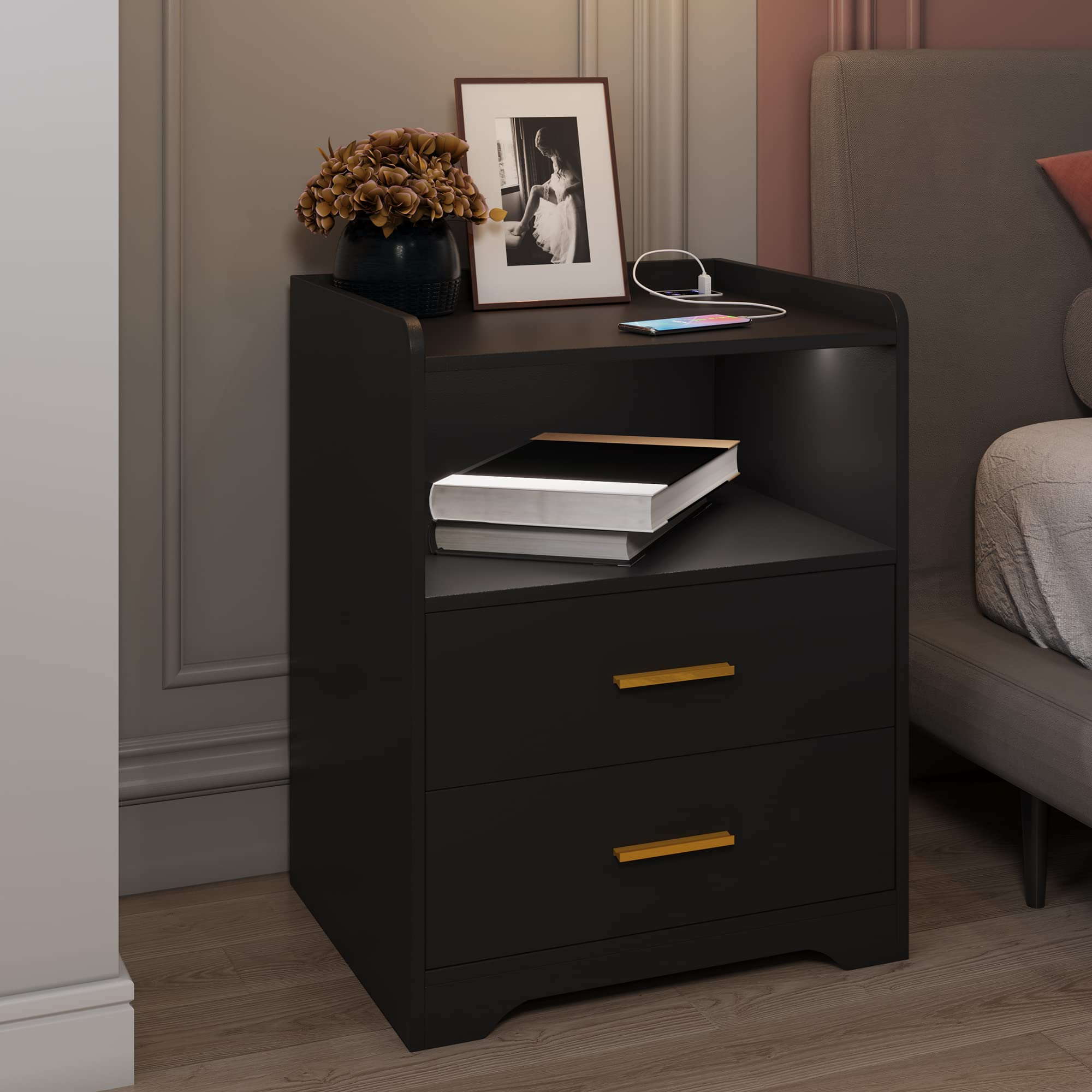 【Furniture】Black Nightstand with Charging Station, Night Stands with 2 Drawers, Smart Nightstand Bedside Table Led