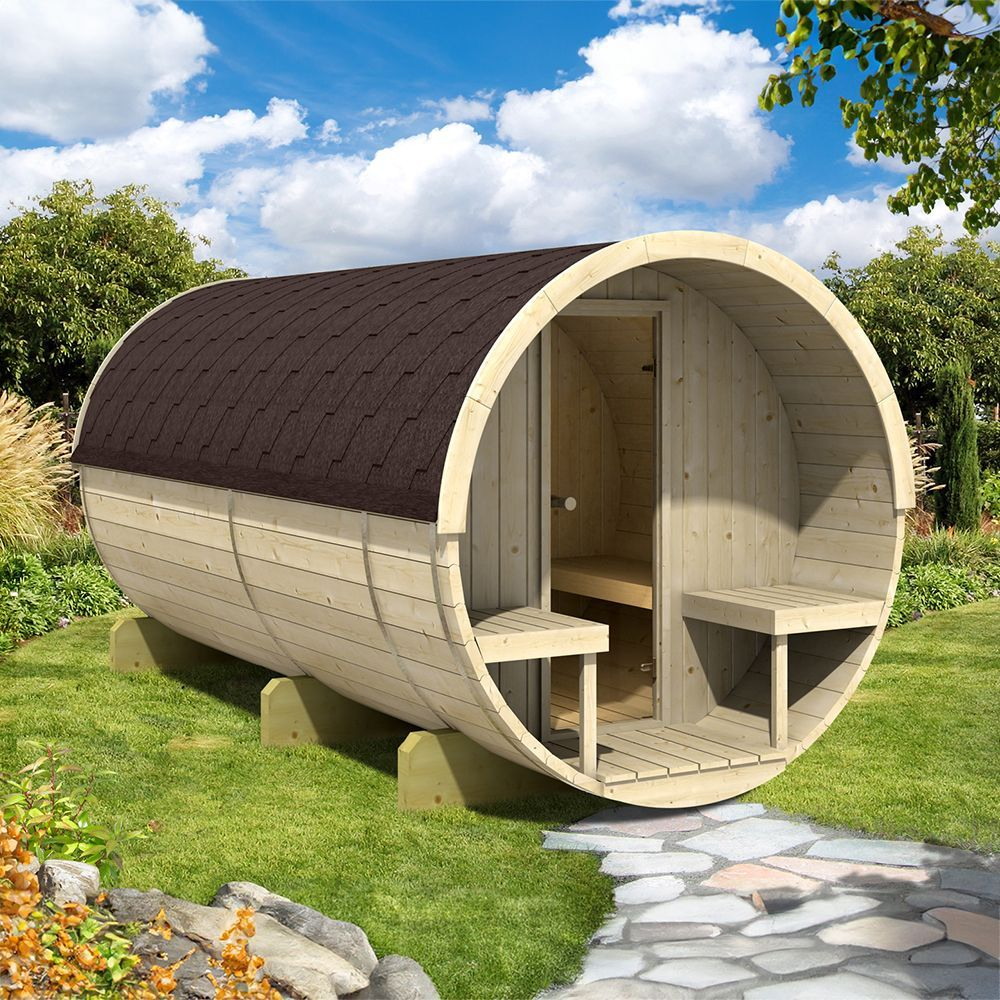 8 Person Barrel Sauna with Separate Dressing Room & Electric Heater