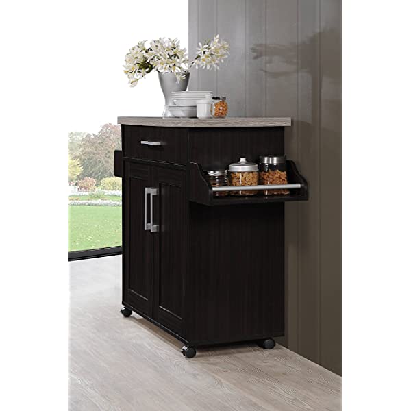 Hodedah Kitchen Island with Spice Rack, Towel Rack & Drawer, Black with Beech Top Black-beech