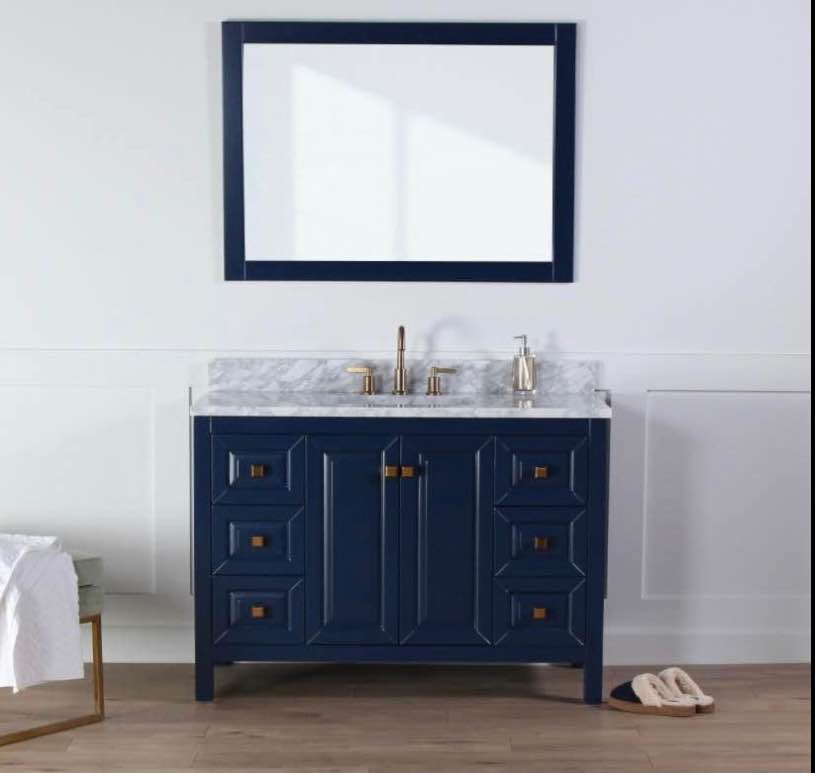New in box! 48” Single Sink Navy Blue Bathroom Vanity Cabinet w Marble Top- solid Wood cabinet