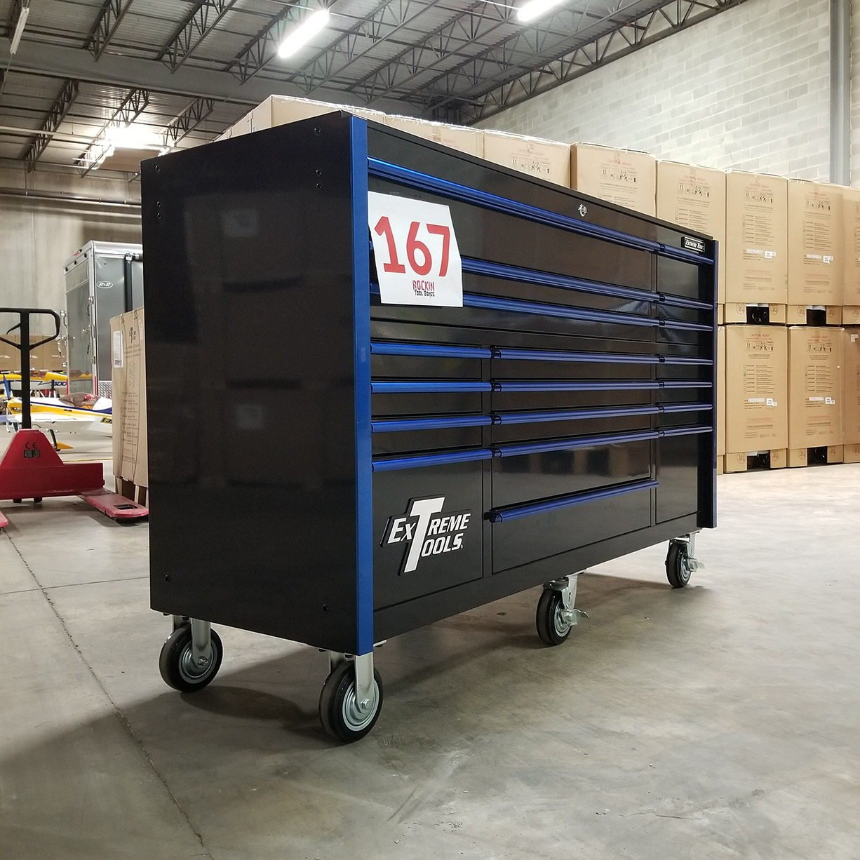 used toolboxShowroom Demo, Extreme Tools RX Series 72 19 Drawers 25 Deep Roller Cabinet, Black-Blue, 150 lbs. Slides