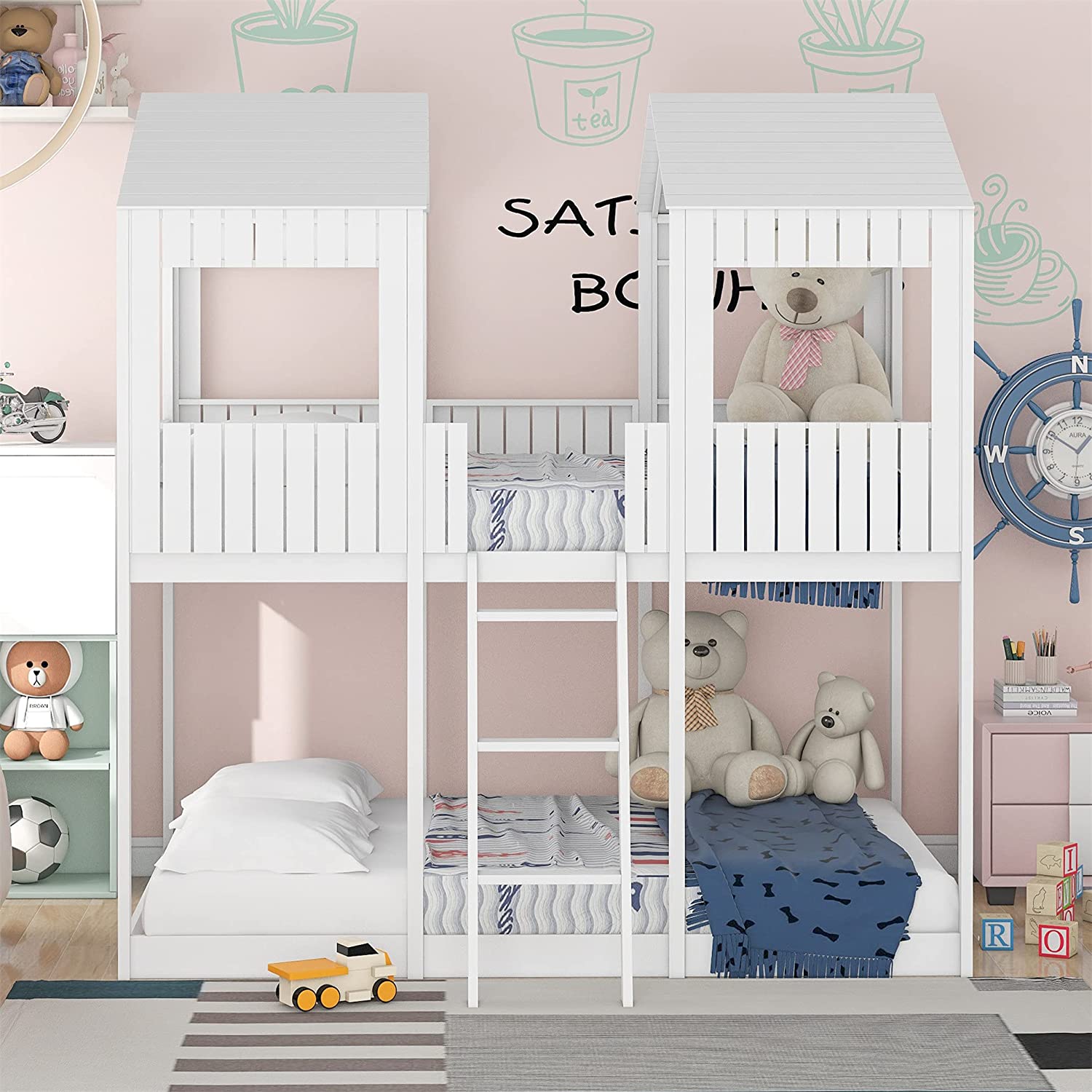 【Furniture】Low Bunk Beds Full Over Full Size, Wood Bunk Beds with Roof & Guard Rail for Kids