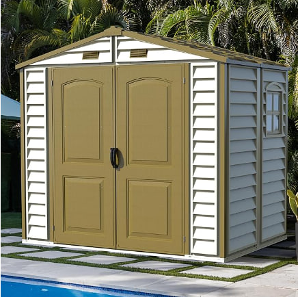 Duramax StoreAll 2.4 x 1.6 m, Plastic Garden Shed with 1 Fixed Window, Metal Foundation Kit, Heavy Duty Metal Roof Frame, Ivory, Brown