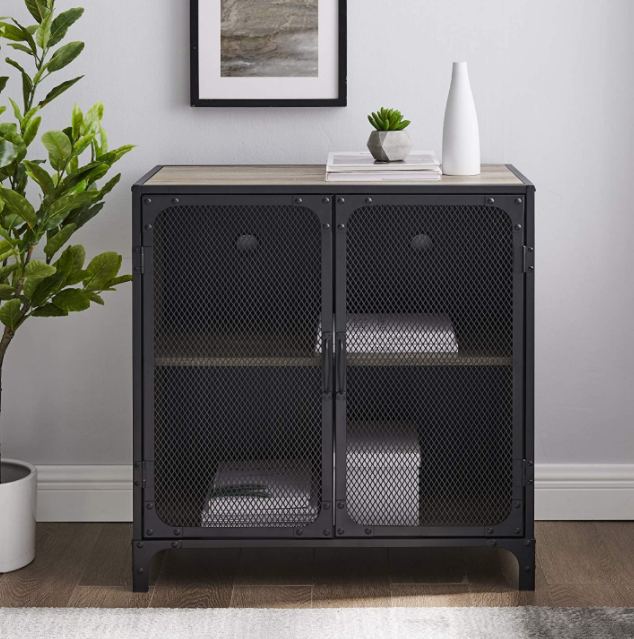 Walker Edison Malcomb industrial metal mesh storage cabinet with 2 doors, 76.2 cm, grey wash