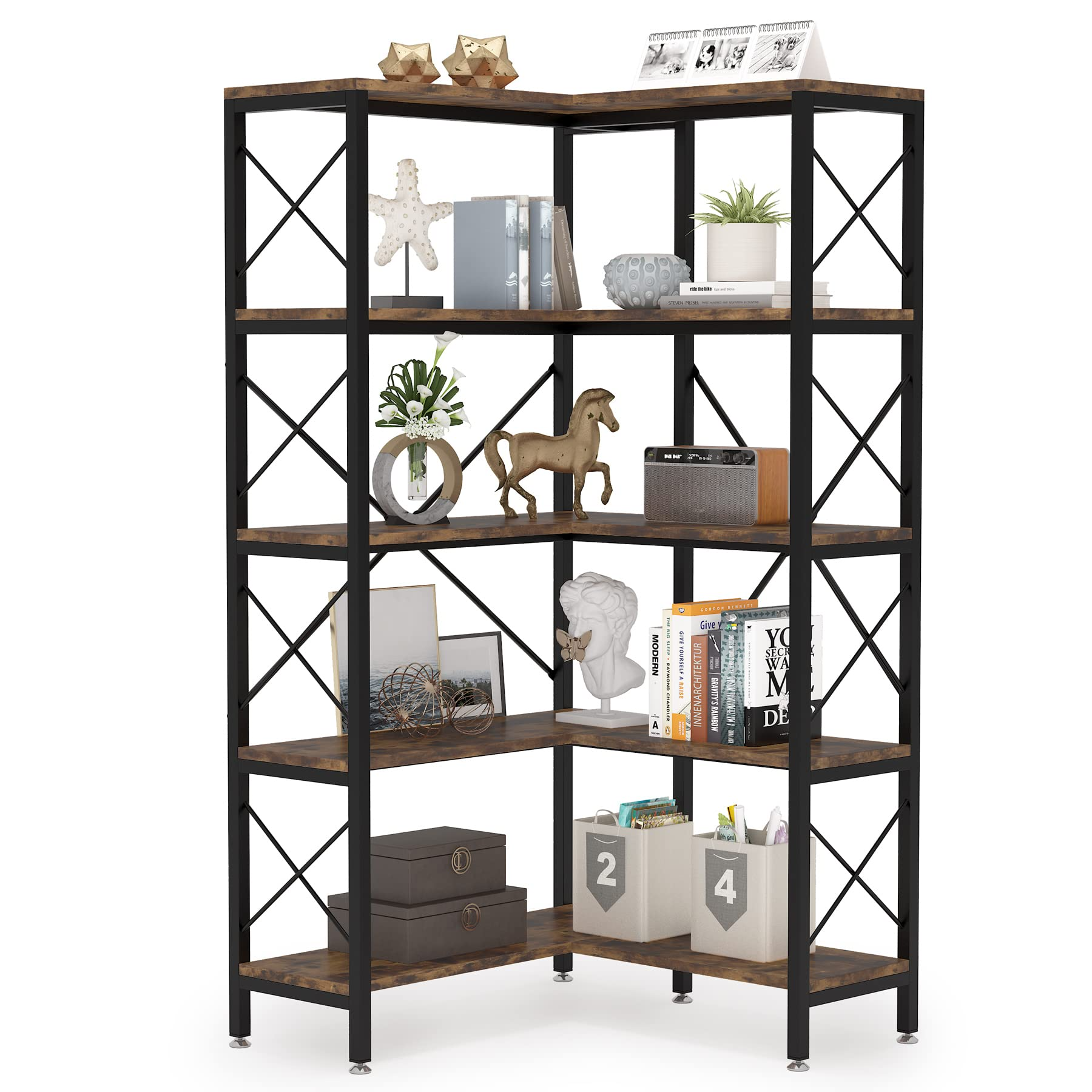【Furniture】5-Shelf Corner Bookshelf, Large Modern Corner Bookcase, 5-Tier Tall Corner Shelf Storage Display Rack