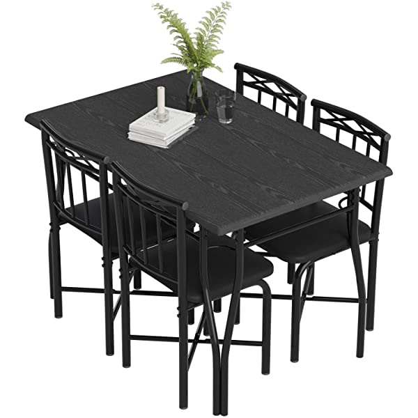 5 Piece Dining Table Set for Dining Room, Kitchen Table and Faux Leather Chairs for 4, Metal Legs, Padded Seat, Black Home Furniture