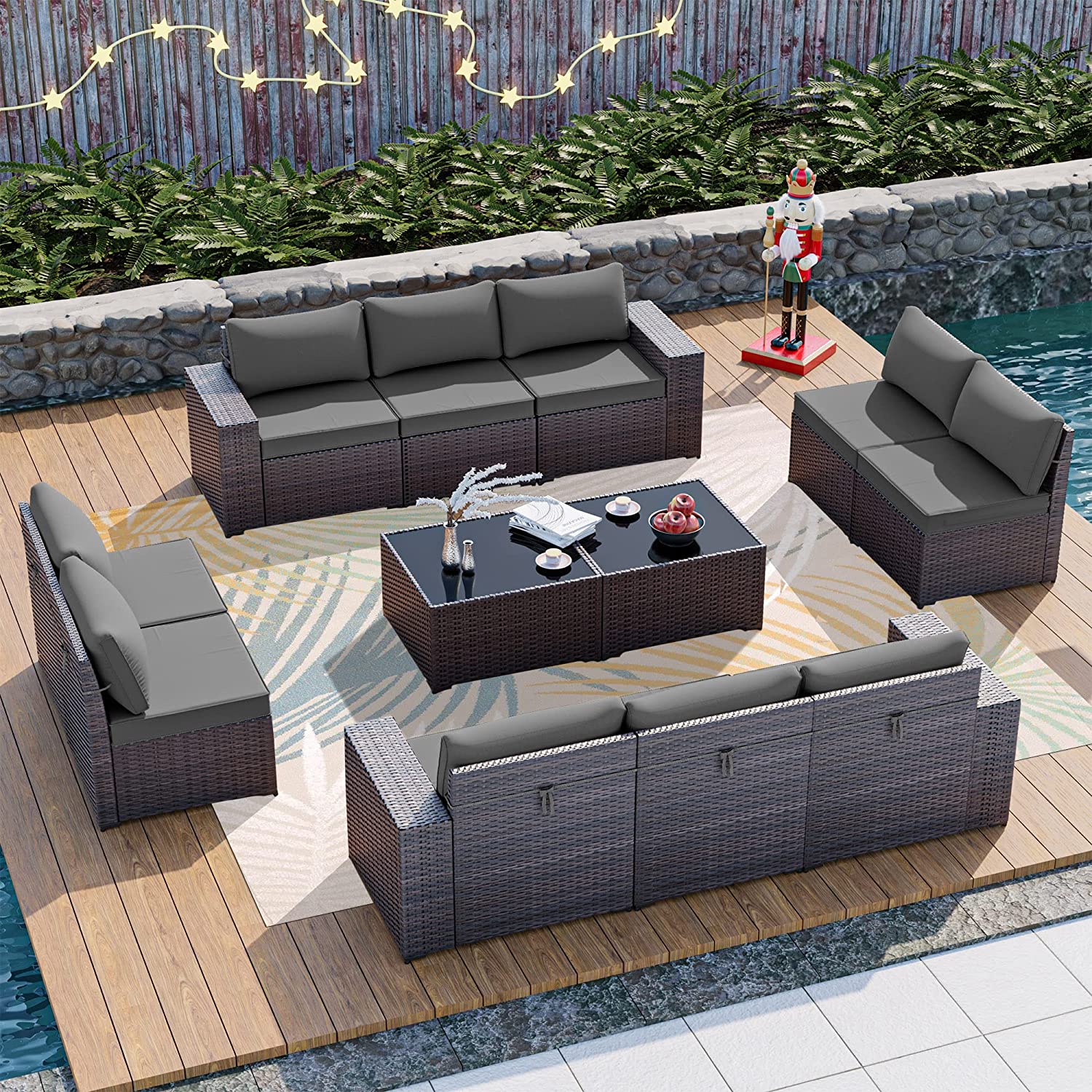 【Furniture】12 Pcs Outdoor Patio Furniture Set Sectional Sofa Sets Brown PE Rattan Patio Conversation Set