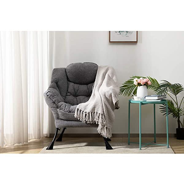 AbocoFur Modern Large Cotton Fabric Lazy Chair，Accent Contemporary Lounge Chair, Single Steel Frame Leisure Sofa Chair with Armrests and A Side Pocket, Beige