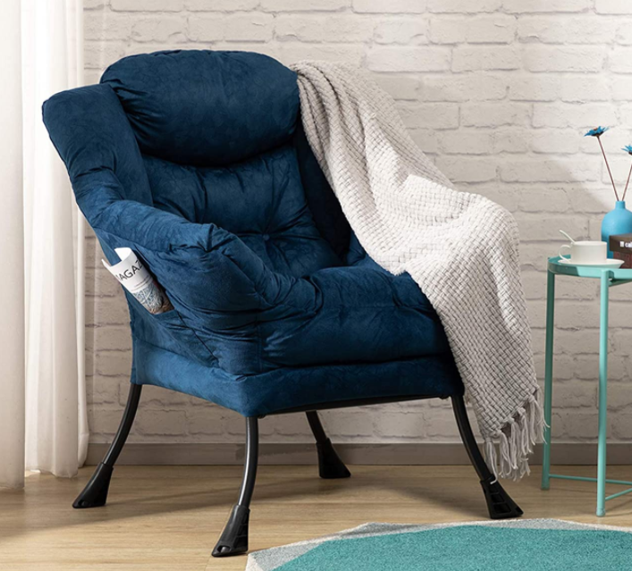 AbocoFur Modern Cotton Fabric Lazy Chair, Accent Contemporary Lounge Chair, Single Steel Frame Leisure Sofa Chair with Armrests and A Side Pocket, Thick Padded Back, Brown