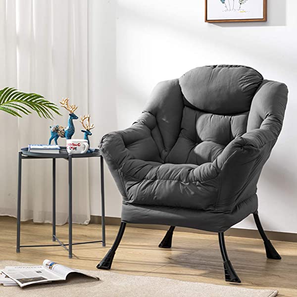 AbocoFur Modern Large Cotton Fabric Lazy Chair，Accent Contemporary Lounge Chair, Single Steel Frame Leisure Sofa Chair with Armrests and A Side Pocket, Beige