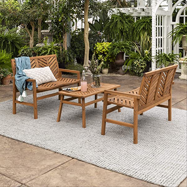 Walker Edison 5 Person Outdoor Wood Chevron Patio Furniture Dining Set Table Chairs Bench All Weather Backyard Conversation Garden Poolside Balcony, 4 Piece, Brown Brown 4 Piece Dining Set