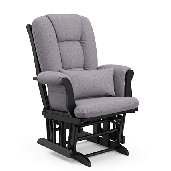 Storkcraft Tuscany Custom Glider and Ottoman with Free Lumbar Pillow, Black/Grey, Cleanable Upholstered Comfort Rocking Nursery Chair with Ottoman Black/Gray