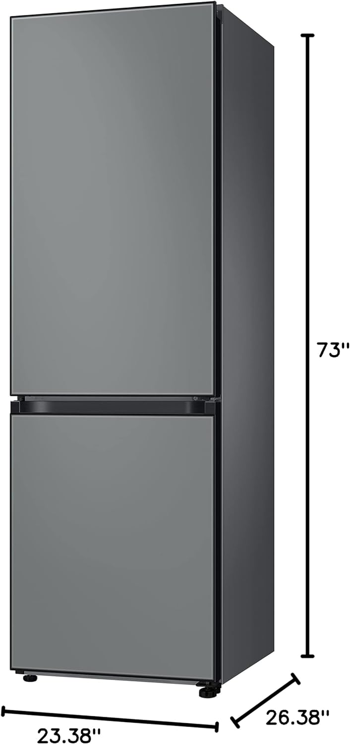 SAMSUNG 12.0 Cu Ft BESPOKE Compact Refrigerator w/ Bottom Freezer, Flexible Slim Design for Small Spaces, Even Cooling, Reversible Door, LED Lighting, Energy Star Certified, RB12A300631/AA, Gray Glass