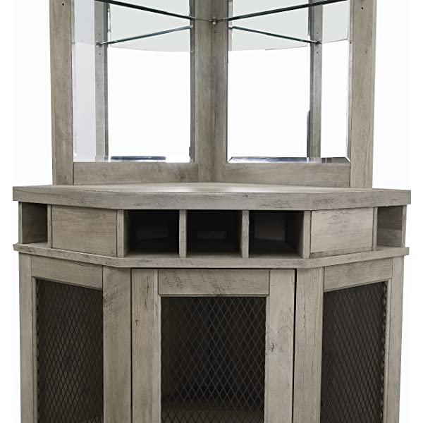 Home Source Stone Grey Corner Bar Unit with Built-in Wine Rack and Lower Cabinet