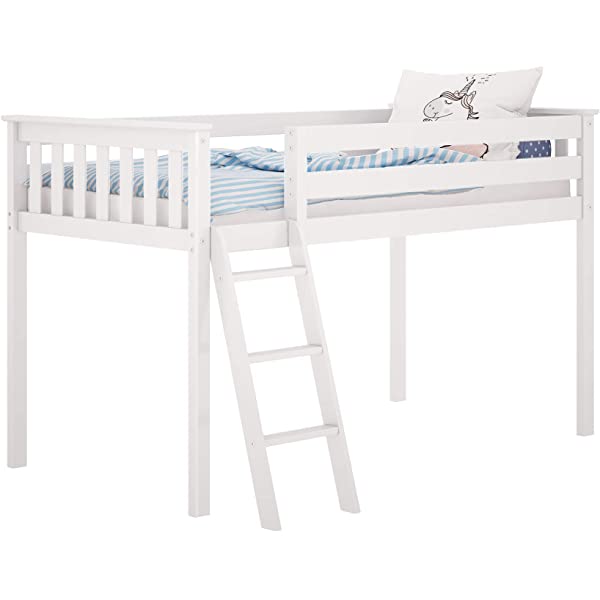 Max & Lily Twin Low Loft Bed with Staircase, White White Low Loft + Staircase Bed