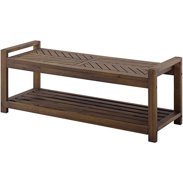 Walker Edison 5 Person Outdoor Wood Chevron Patio Furniture Dining Set Table Chairs Bench All Weather Backyard Conversation Garden Poolside Balcony, 4 Piece, Brown Brown 4 Piece Dining Set