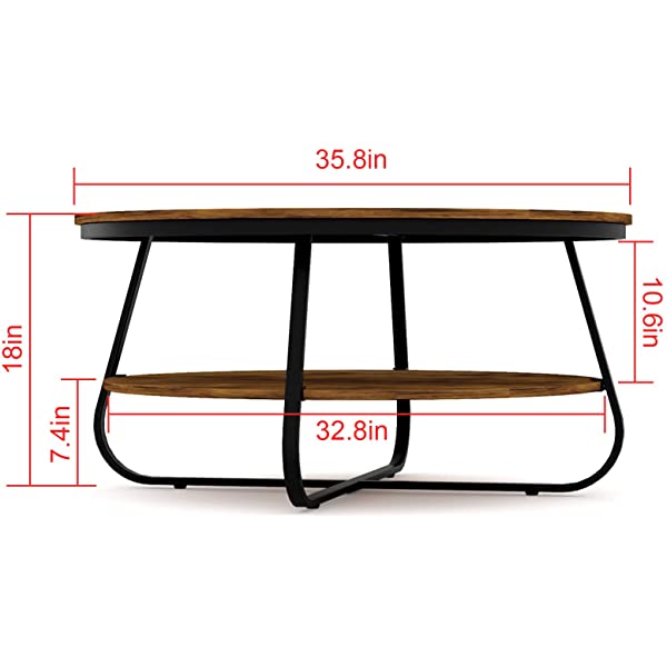 Elephance Round Coffee Table with Storage, 35.8 Inch Rustic Wood Coffee Table with Strong Metal Frame for Living Room, Dining Room, Cocktail Table, Round Sofa Table (Almond)