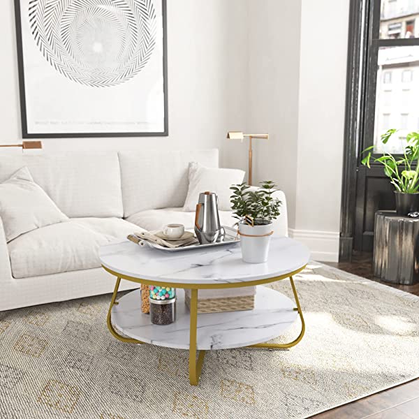 Elephance Round Coffee Table with Storage, 35.8 Inch Rustic Wood Coffee Table with Strong Metal Frame for Living Room, Dining Room, Cocktail Table, Round Sofa Table (Almond)