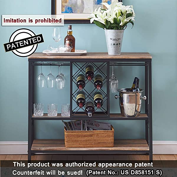 O&K FURNITURE Industrial Wine Rack Table with Glass Holder, Wine Bar Cabinet with Storage, Brown