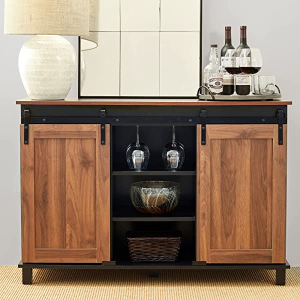 Glitzhome Wood Rustic Wine Cabinet 2-Sections Bar Cabinet with Wine Storage 31.5”L Sideboard Table with Drawers Wood Sideboard with Wine Display for Kitchen Dining Room 2 piece