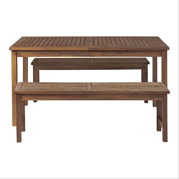 Walker Edison 5 Person Outdoor Wood Chevron Patio Furniture Dining Set Table Chairs Bench All Weather Backyard Conversation Garden Poolside Balcony, 4 Piece, Brown Brown 4 Piece Dining Set