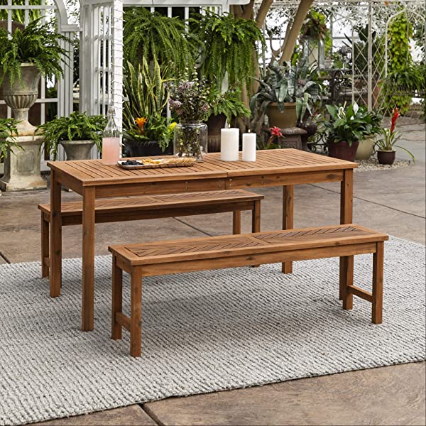 Walker Edison 5 Person Outdoor Wood Chevron Patio Furniture Dining Set Table Chairs Bench All Weather Backyard Conversation Garden Poolside Balcony, 4 Piece, Brown Brown 4 Piece Dining Set