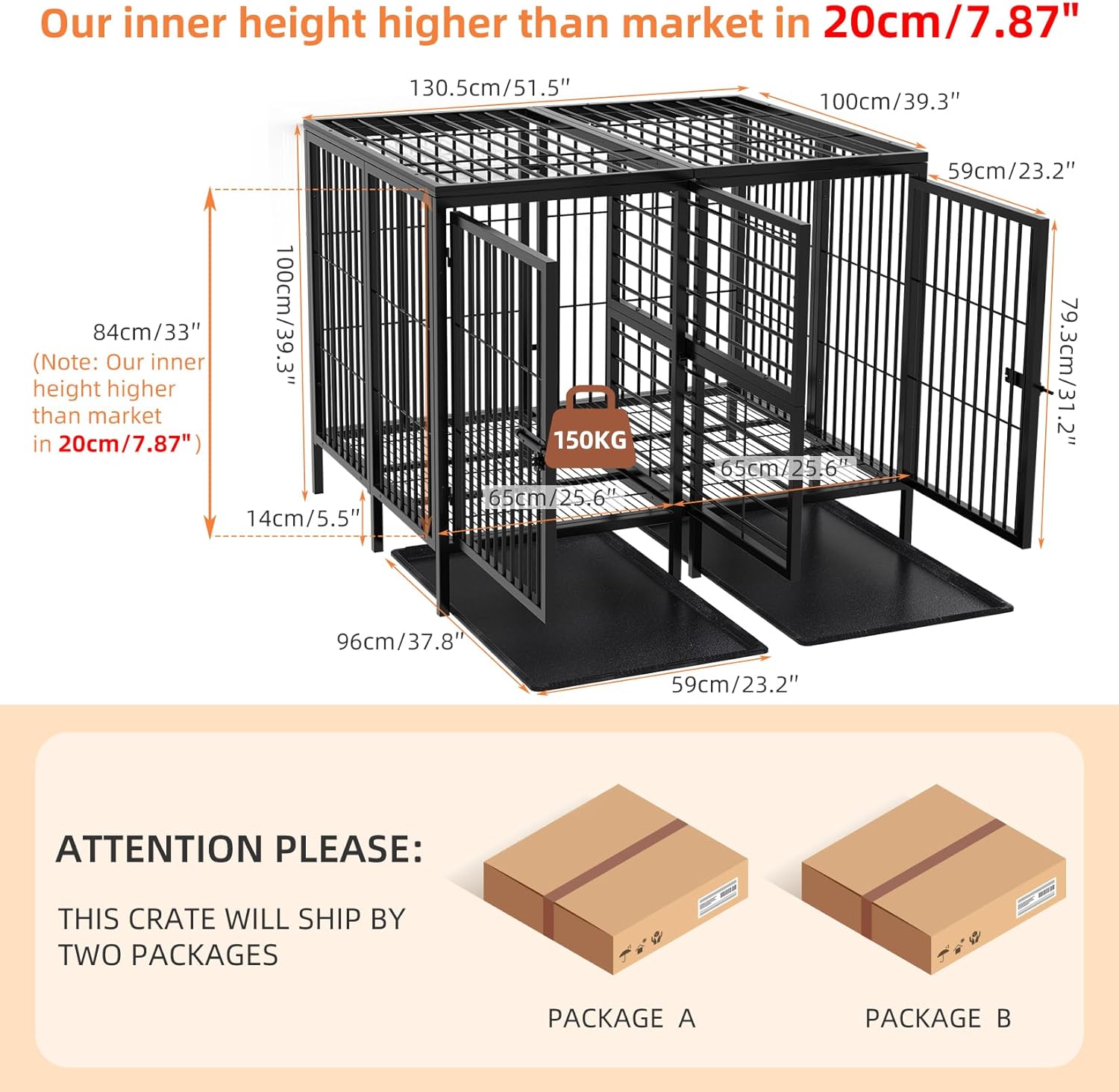 52 Inch Extra Large Huge Metal Pet Cage with Removable Divider Panel - Indoor Higher Inner Space Doggy Playpen Kennel with Two Doors and Trays for Small Medium Large Dogs