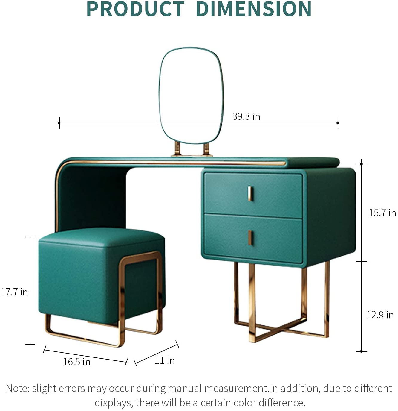 FUKAYI Modern Vanity Set with Lighted Mirror, Makeup Dressing Table with 2 Large Drawer and PU Stool, Dresser Table for Women
