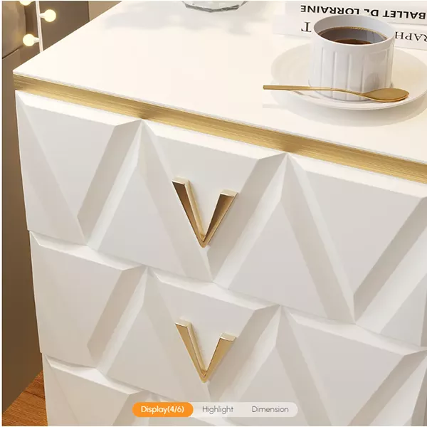NORDIC WHITE NIGHTSTAND 3-DRAWER BEDSIDE TABLE V-SHAPED FACET & GOLD PULLS IN LARGE