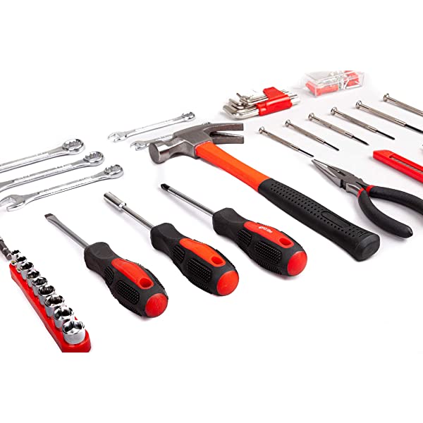 CARTMAN 148Piece Tool Set General Household Hand Tool Kit with Plastic Toolbox Storage Case Socket and Socket Wrench Sets Red
