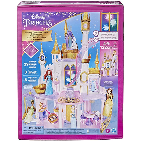 Disney Princess Ultimate Celebration Castle, 4 Feet Tall Doll House with Furniture and Accessories, Musical Fireworks Light Show, Toy for Girls 3 and Up