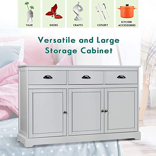 Giantex Sideboard Buffet Server Storage Cabinet Console Table Home Kitchen Dining Room Furniture Entryway Cupboard with 2 Cabinets and 3 Drawers Adjustable Shelves, White (White)