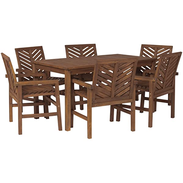 Walker Edison 5 Person Outdoor Wood Chevron Patio Furniture Dining Set Table Chairs Bench All Weather Backyard Conversation Garden Poolside Balcony, 4 Piece, Brown Brown 4 Piece Dining Set