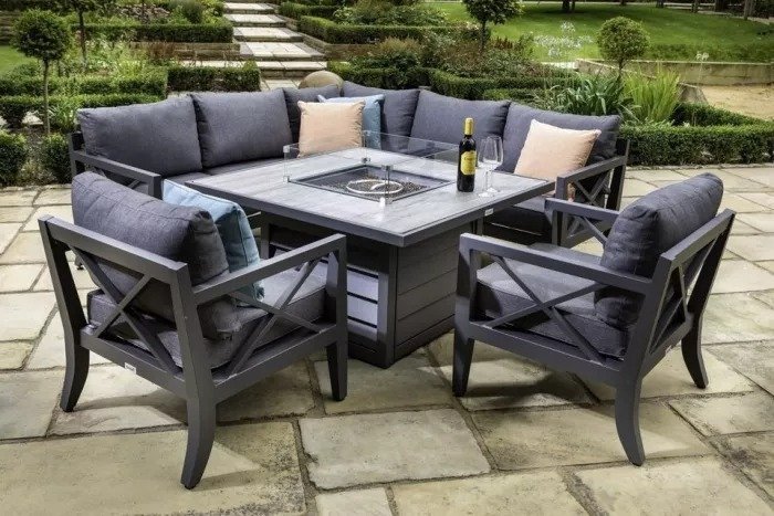 · Hartman Sorrento Square Casual Dining Set With Gas Fire Pit & Lounge Chairs Corner Sofa set