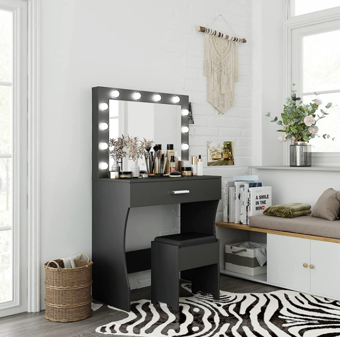 Vanity Table Set with Lighted Mirror - Makeup Vanity with Lights, Adjustable Brightness, Large Drawer Sturdy Wood Vanity, White