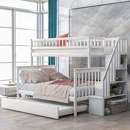 Double bunk bed with stairs, solid wood bunk bed with casters and storage drawers, bunk bed with stairs