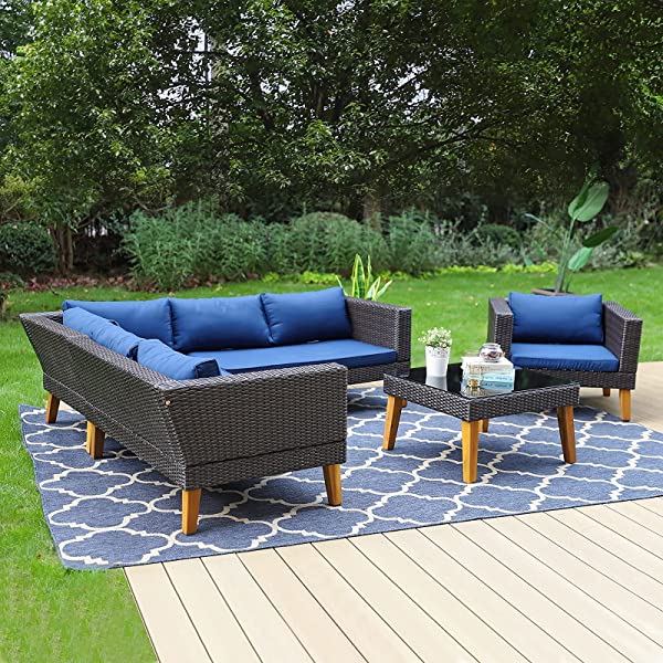 Sophia & William Outdoor Patio Furniture Set All-Weather Wicker Rattan Sectional Sofa Chairs Set, Patio Conversation Set with Acacia Wood Feet & Coffee Table (5 Piece, Navy Blue)