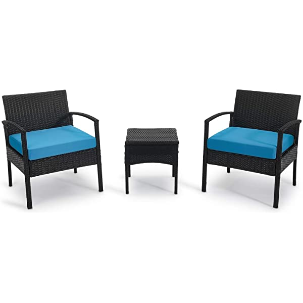 PROHIKER 3 PCS Patio Rattan Conversation Chair Set, 3 PCS Patio Wicker Rattan Furniture Set, Patio Wicker Rattan Table Brown