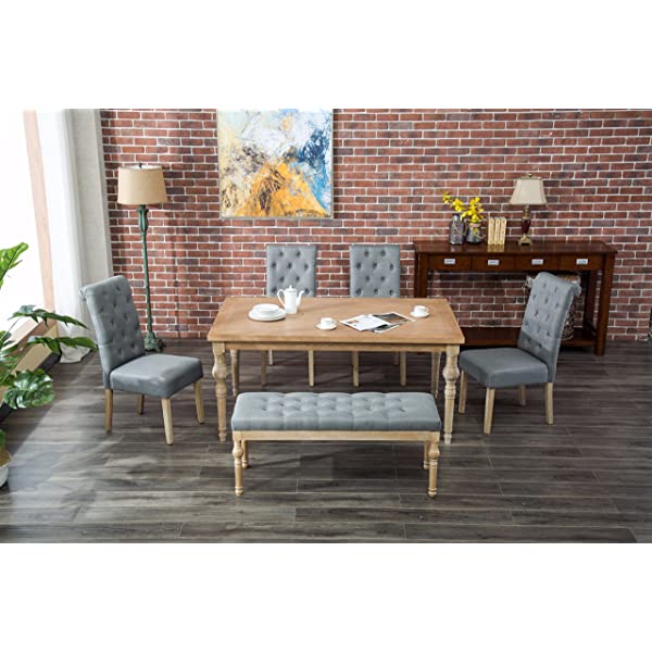Roundhill Furniture Habitanian 6-Piece White Wash Dining Set with Tufted Chairs and Bench, Beige