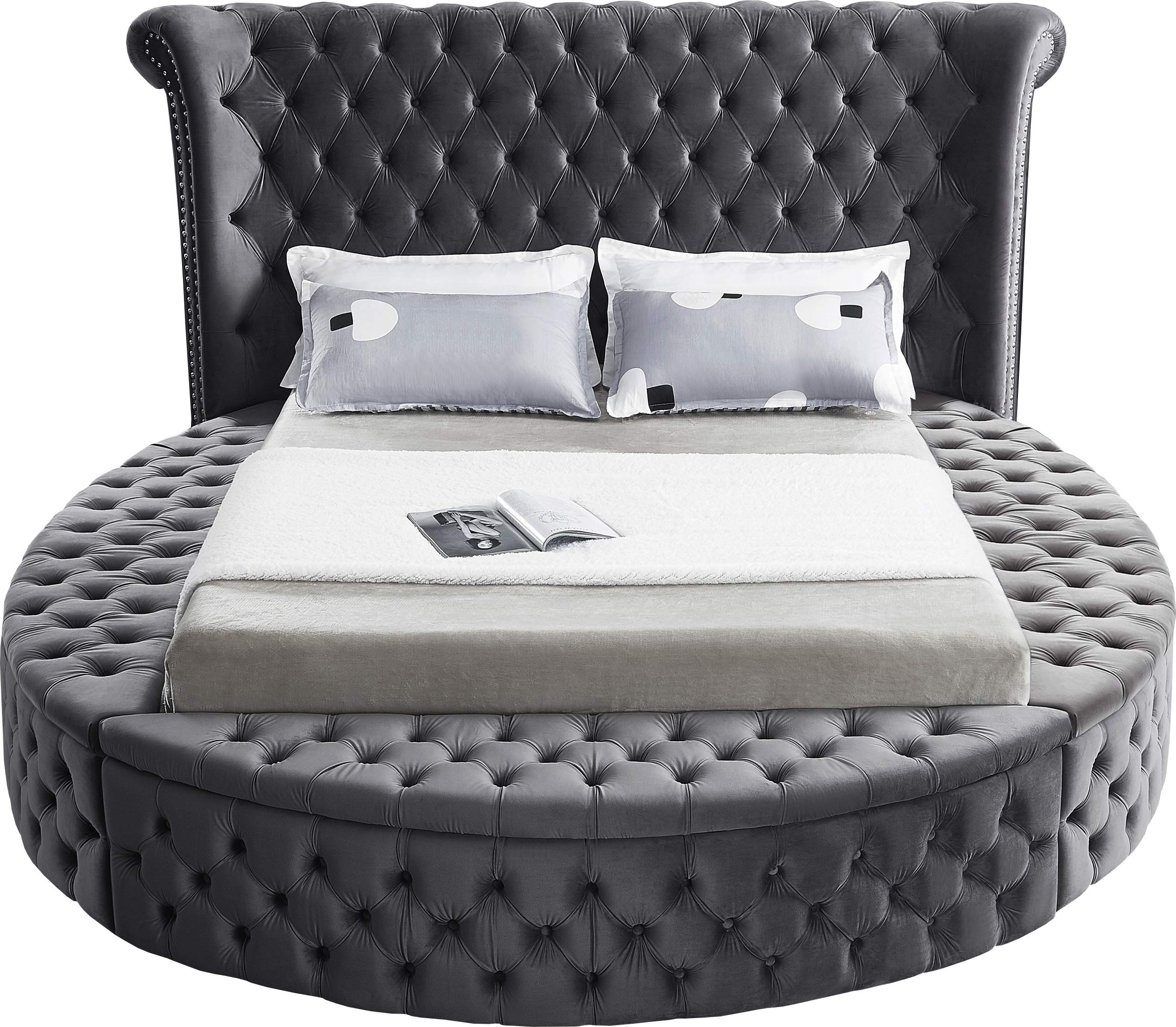 【Furniture】Contemporary Round Shaped Velvet Upholstered Bed with Deep Button Tufting & Footboard Storage, King