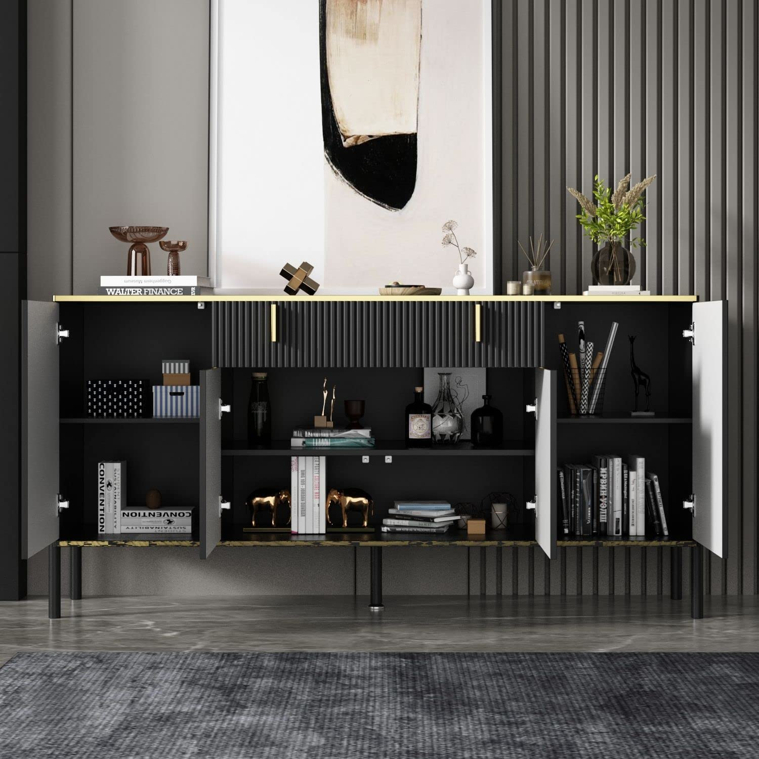 【Furniture】Modern Credenza Sideboard Buffet with Drawer & Pop-Up Doors, Buffet Sideboard Storage Cabinet