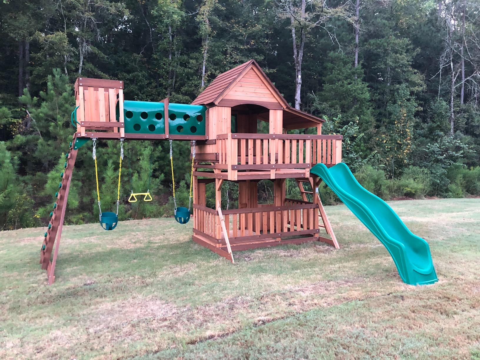 Woodridge Elite All Cedar Wood Swing Set, Upper and Lower Deck, Sandbox, Vented Tunnel